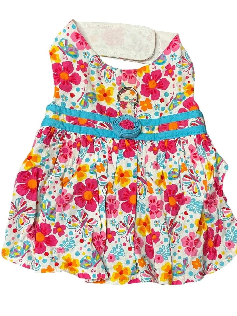 Floral Pink & Turquoise Dog Harness Dress Size M